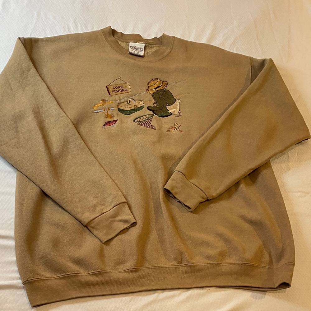 Bwear Men's Tan Crewneck Sweater with Embroidered Design gone fishing crew neck
